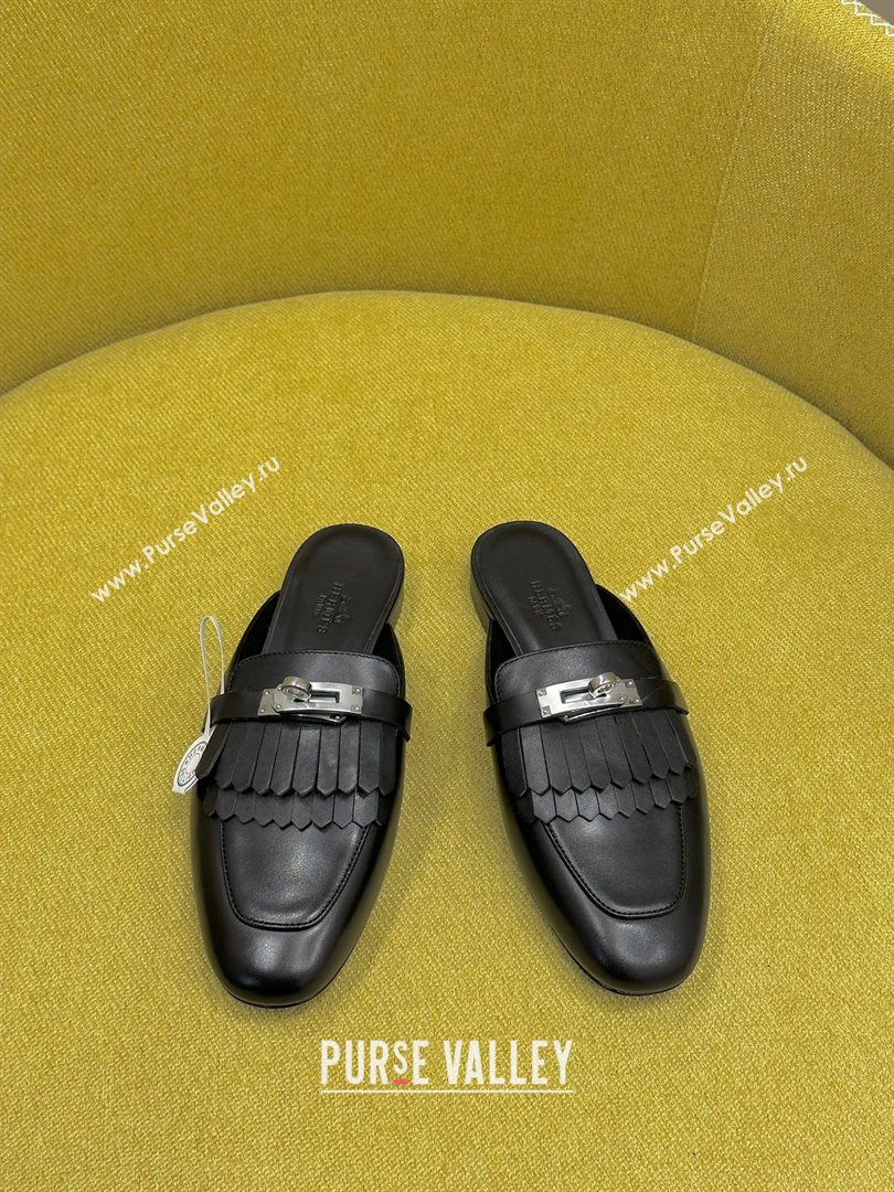 Hermes Women Rivoli Mule Mule in Calfskin with Fringe Detail black 2023 (ssxy-231222-05)