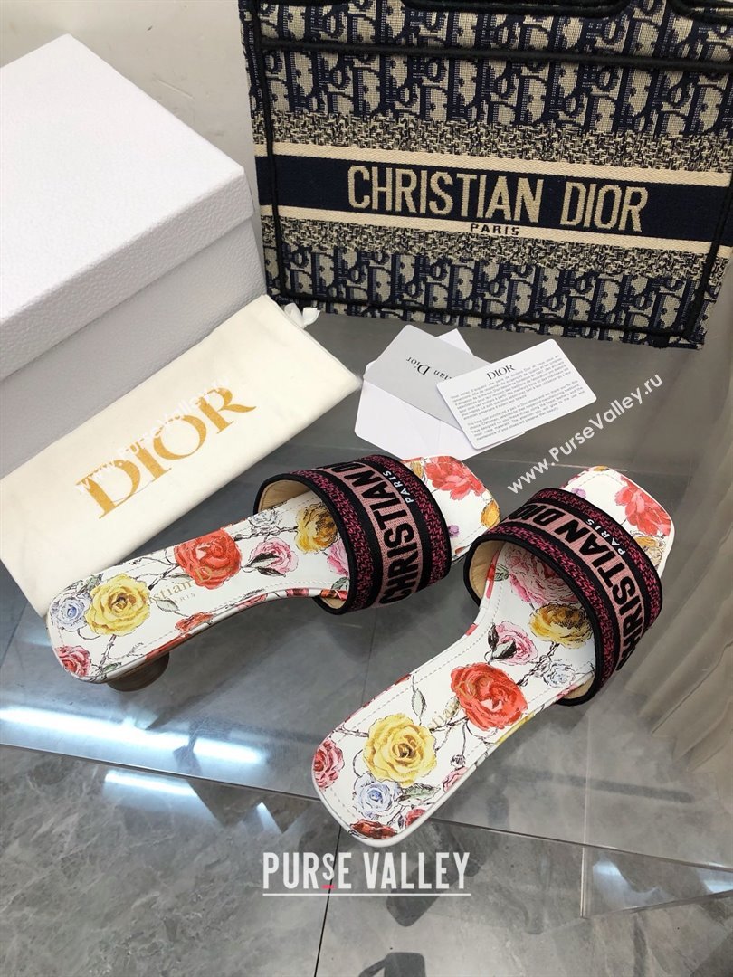 Dior white multicolor Florilegio Embroidered Cotton Dway heeled Slide 2024 (modeng-240424-03)