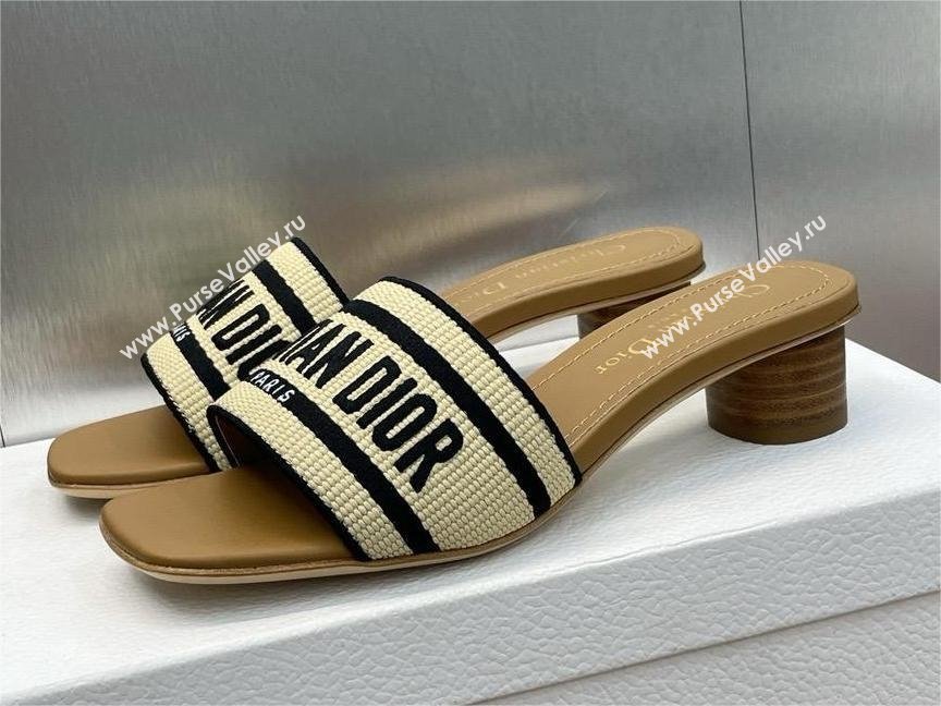 Dior Natural Raffia and Black Embroidered Cotton Dway Heeled Slide 2024 (modeng-240424-04)