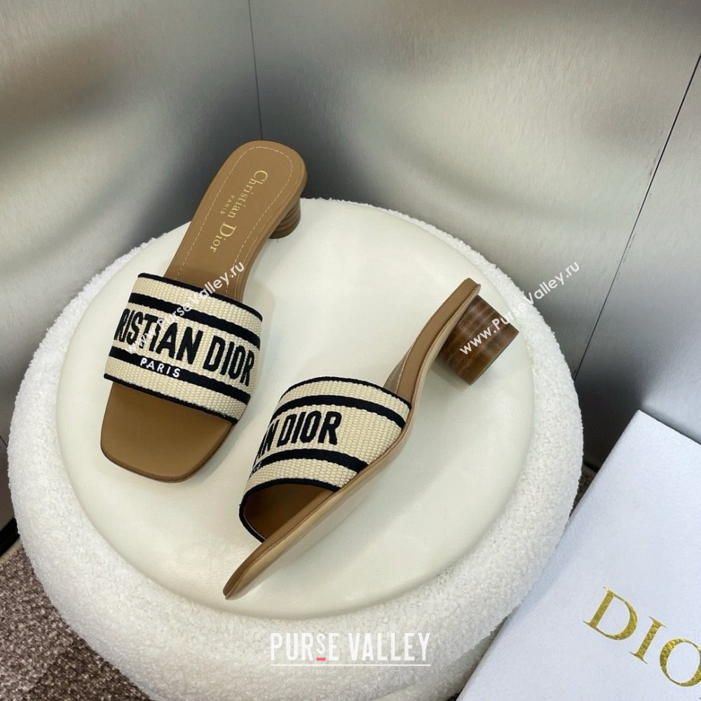 Dior Natural Raffia and Black Embroidered Cotton Dway Heeled Slide 2024 (modeng-240424-04)