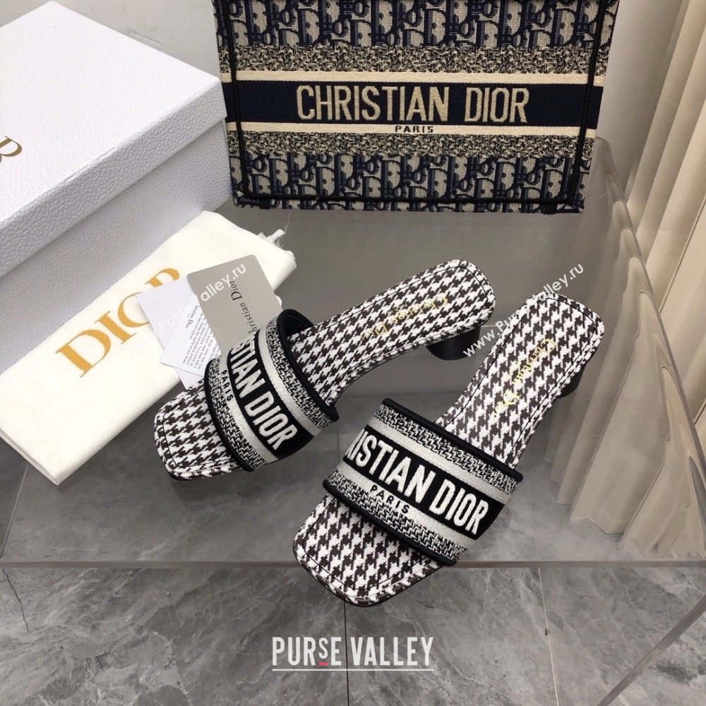 Dior Black and White Micro-Houndstooth Embroidered Cotton Dway Heeled Slide 2024 (modeng-240424-06)