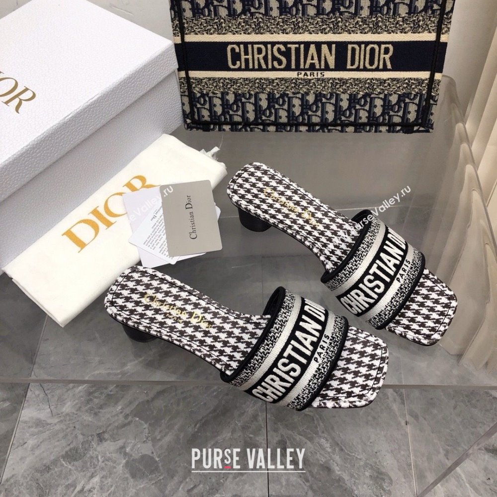 Dior Black and White Micro-Houndstooth Embroidered Cotton Dway Heeled Slide 2024 (modeng-240424-06)