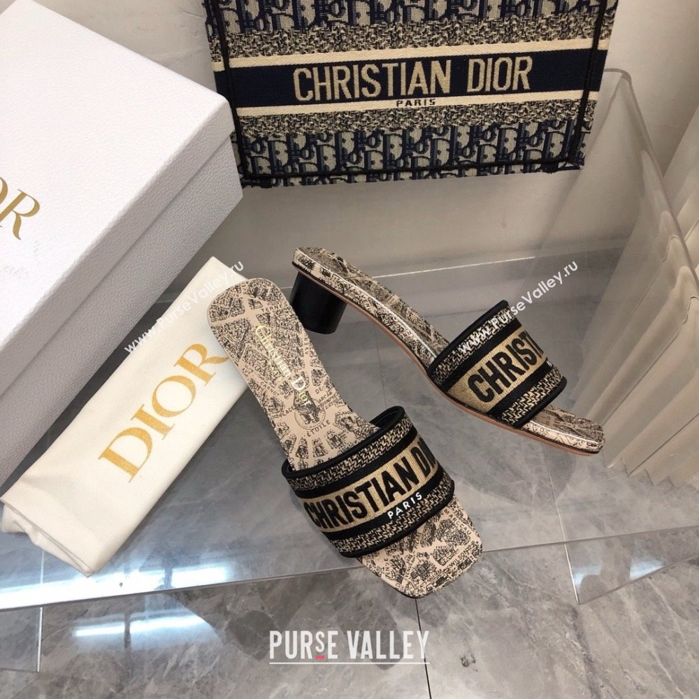 Dior Beige and Black Cotton Embroidered with Plan de Paris Motif Dway Heeled Slide 2024 (kaola-240424-01)