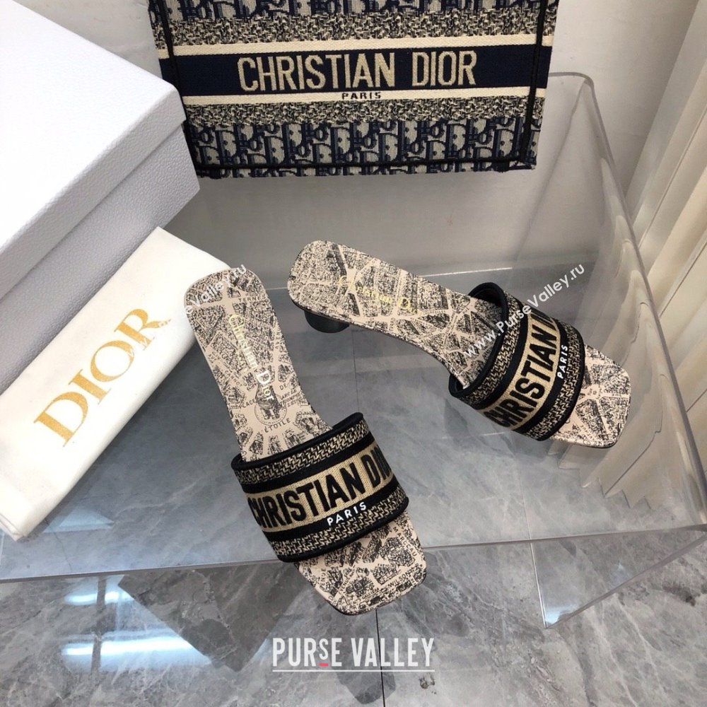 Dior Beige and Black Cotton Embroidered with Plan de Paris Motif Dway Heeled Slide 2024 (kaola-240424-01)