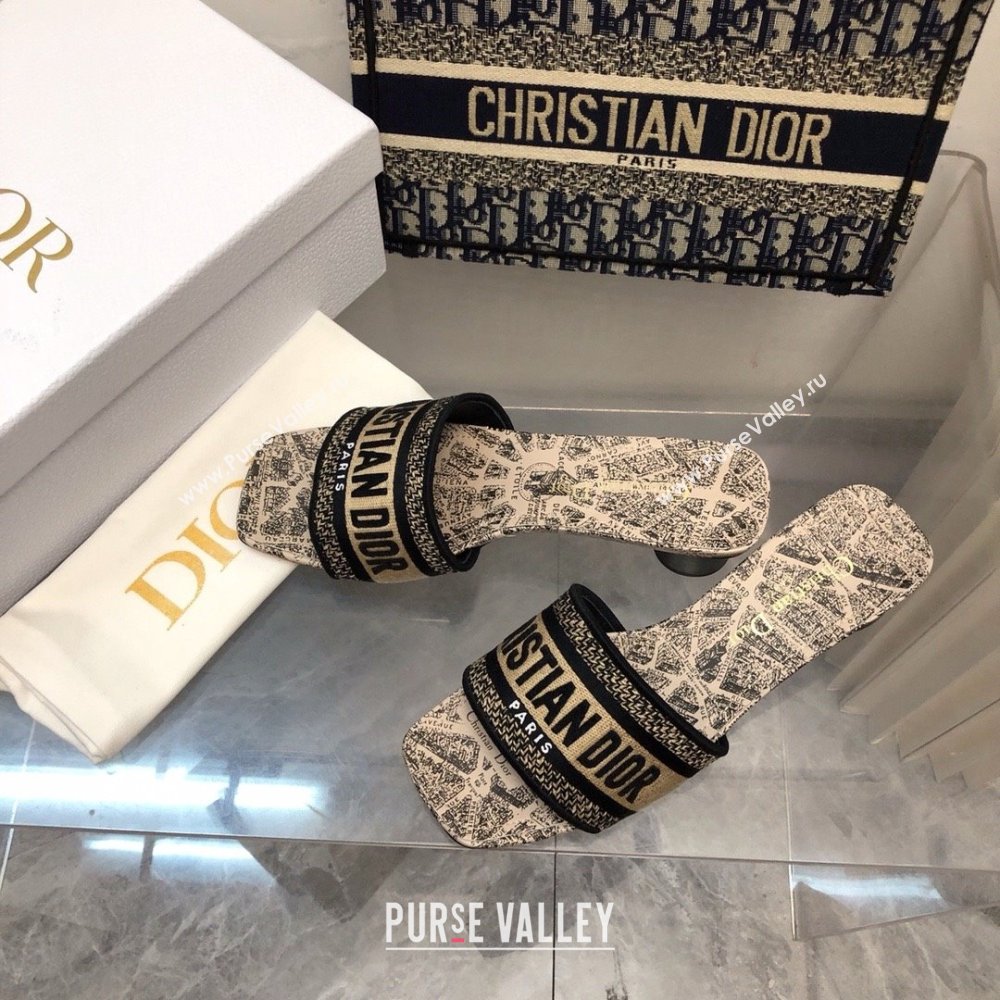 Dior Beige and Black Cotton Embroidered with Plan de Paris Motif Dway Heeled Slide 2024 (kaola-240424-01)