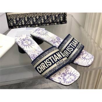 Dior Embroidered Cotton and White and Blue Toile de Jouy Soleil Motif Dway Heeled Slide 2024 (modeng-240424-07)