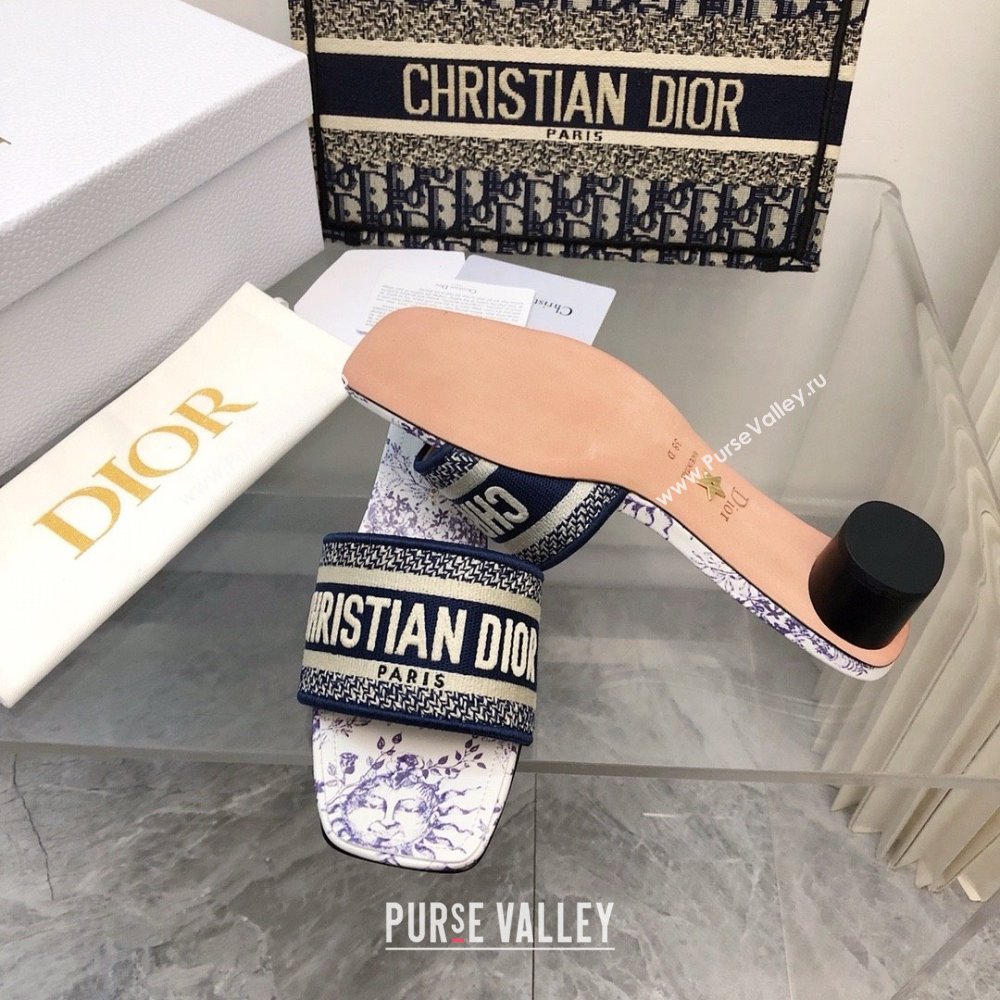 Dior Embroidered Cotton and White and Blue Toile de Jouy Soleil Motif Dway Heeled Slide 2024 (modeng-240424-07)