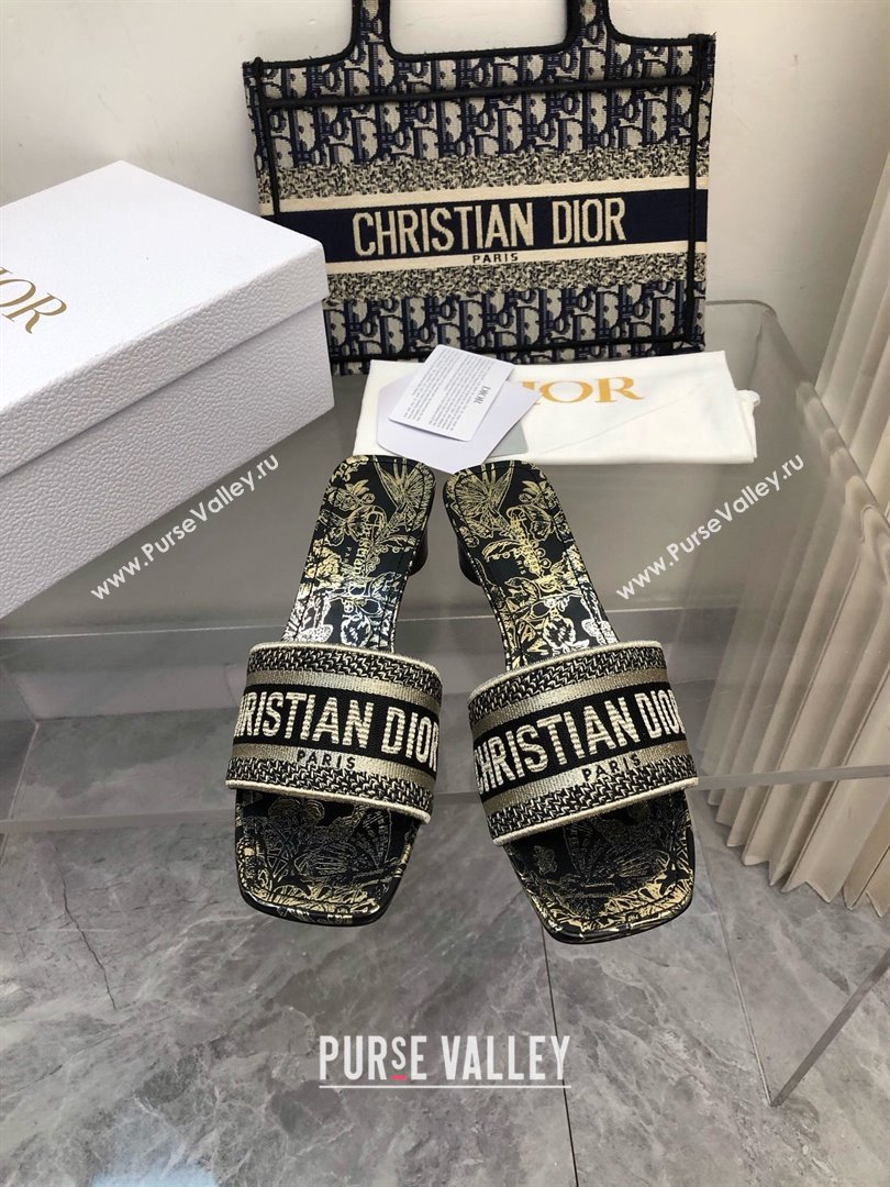 Dior Black and Gold-Tone Toile de Jouy Mexico Embroidered Cotton with Metallic Thread Dway Heeled Slide 2024 (modeng-240424-08)
