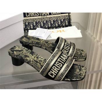 Dior Black and Gold-Tone Toile de Jouy Mexico Embroidered Cotton with Metallic Thread Dway Heeled Slide 2024 (modeng-240424-08)