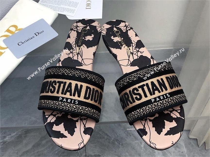 Dior Beige and Black Cotton Embroidered with Fleurs Mystiques Motif Dway Slide 2024 (MODENG-240424-14)