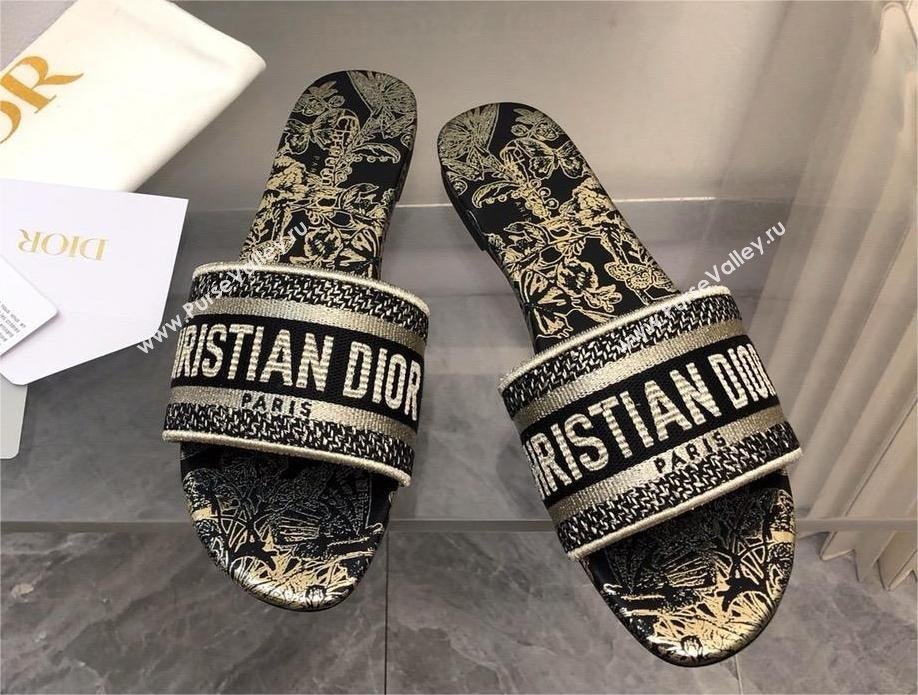 Dior Black and Gold-Tone Toile de Jouy Mexico Embroidered Cotton with Metallic Thread Dway Slide 2024 (MODENG-240424-15)