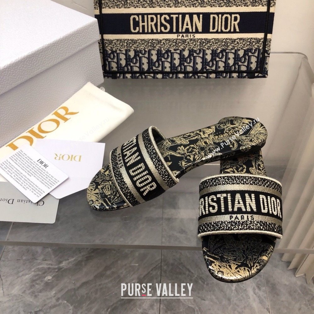 Dior Black and Gold-Tone Toile de Jouy Mexico Embroidered Cotton with Metallic Thread Dway Slide 2024 (MODENG-240424-15)