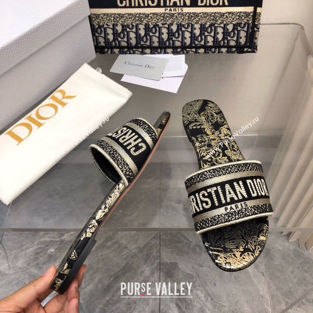 Dior Black and Gold-Tone Toile de Jouy Mexico Embroidered Cotton with Metallic Thread Dway Slide 2024 (MODENG-240424-15)