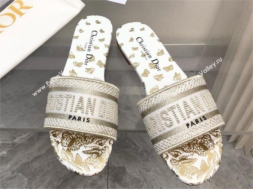 Dior White and Gold-Tone Gradient Butterflies Embroidered Cotton with Metallic Thread Dway Slide 2024 (MODENG-240424-16)