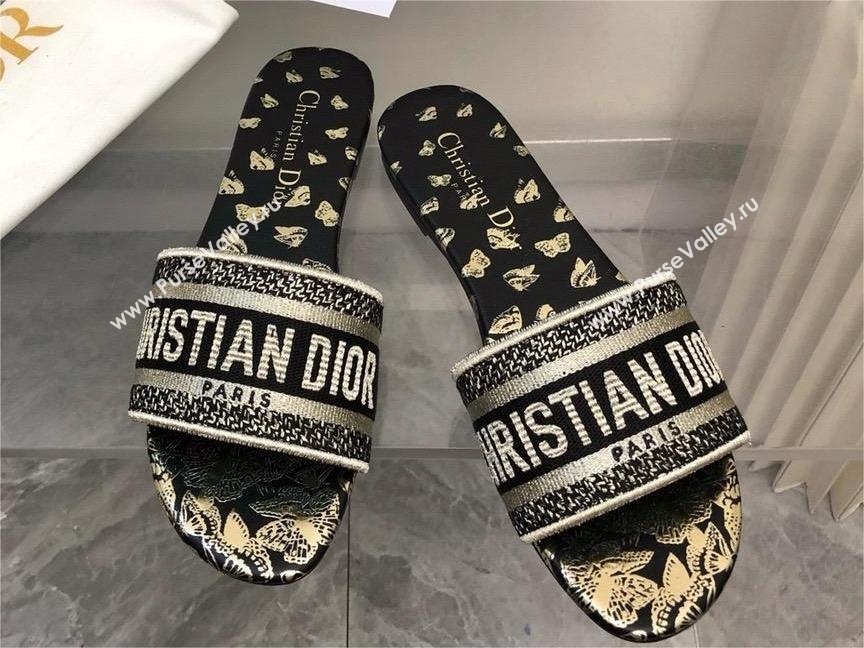 Dior black and Gold-Tone Gradient Butterflies Embroidered Cotton with Metallic Thread Dway Slide 2024 (MODENG-240424-17)