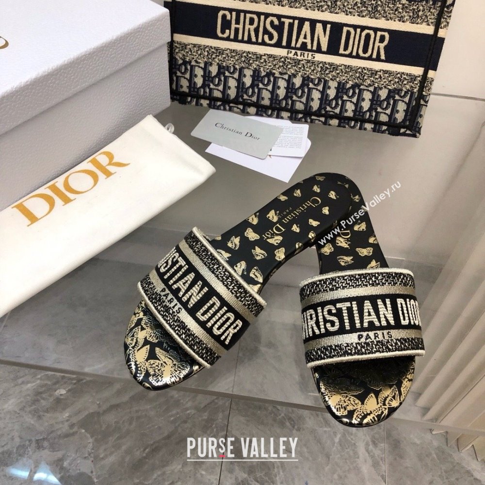 Dior black and Gold-Tone Gradient Butterflies Embroidered Cotton with Metallic Thread Dway Slide 2024 (MODENG-240424-17)