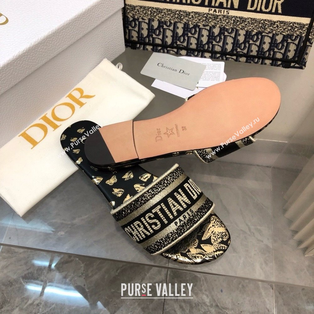 Dior black and Gold-Tone Gradient Butterflies Embroidered Cotton with Metallic Thread Dway Slide 2024 (MODENG-240424-17)