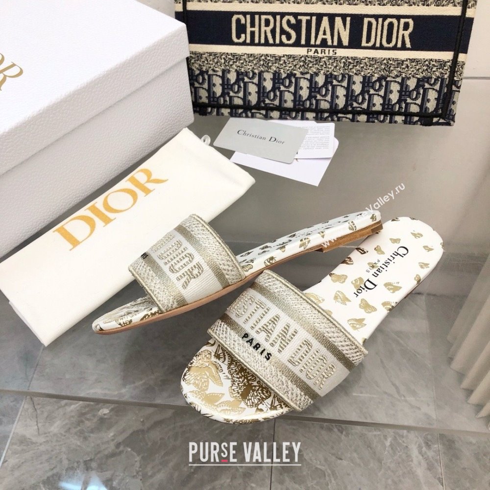 Dior White and Gold-Tone Gradient Butterflies Embroidered Cotton with Metallic Thread Dway Slide 2024 (MODENG-240424-16)