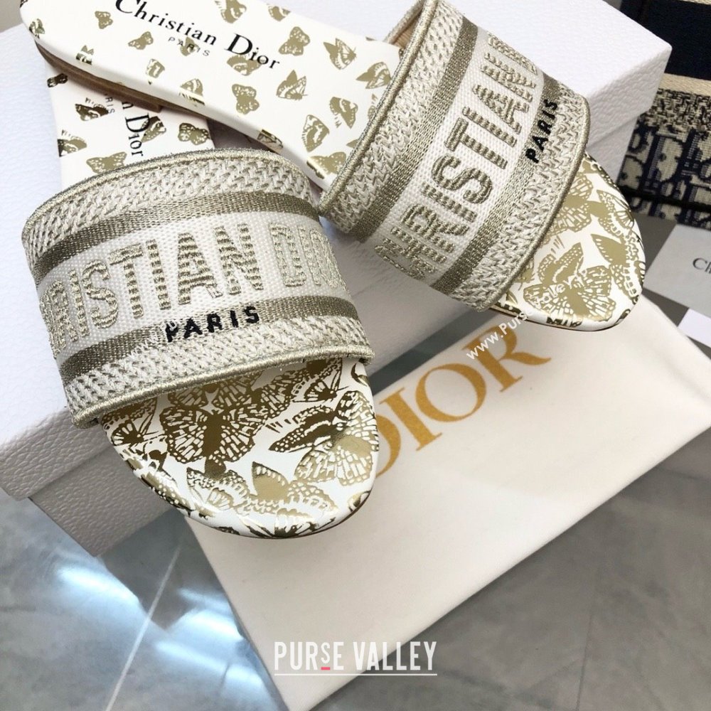 Dior White and Gold-Tone Gradient Butterflies Embroidered Cotton with Metallic Thread Dway Slide 2024 (MODENG-240424-16)