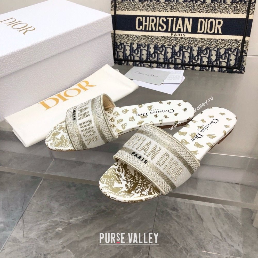 Dior White and Gold-Tone Gradient Butterflies Embroidered Cotton with Metallic Thread Dway Slide 2024 (MODENG-240424-16)