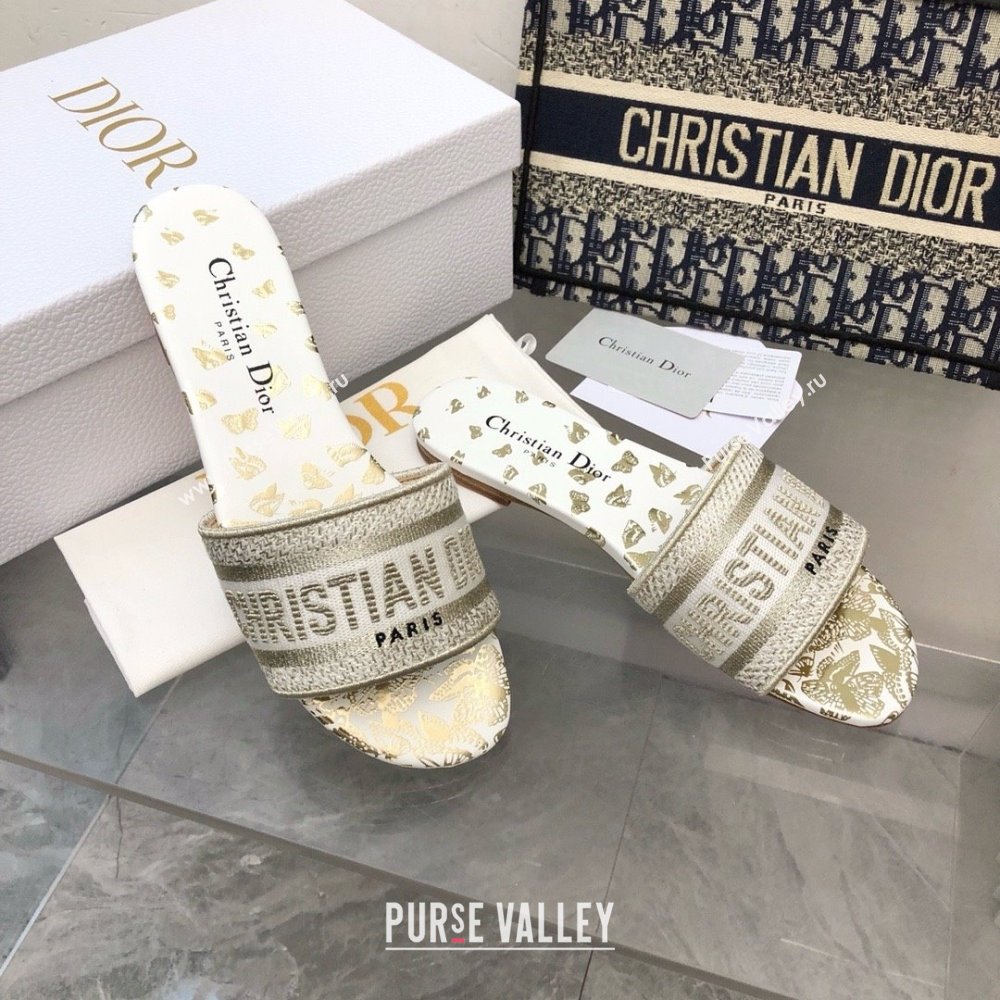 Dior White and Gold-Tone Gradient Butterflies Embroidered Cotton with Metallic Thread Dway Slide 2024 (MODENG-240424-16)