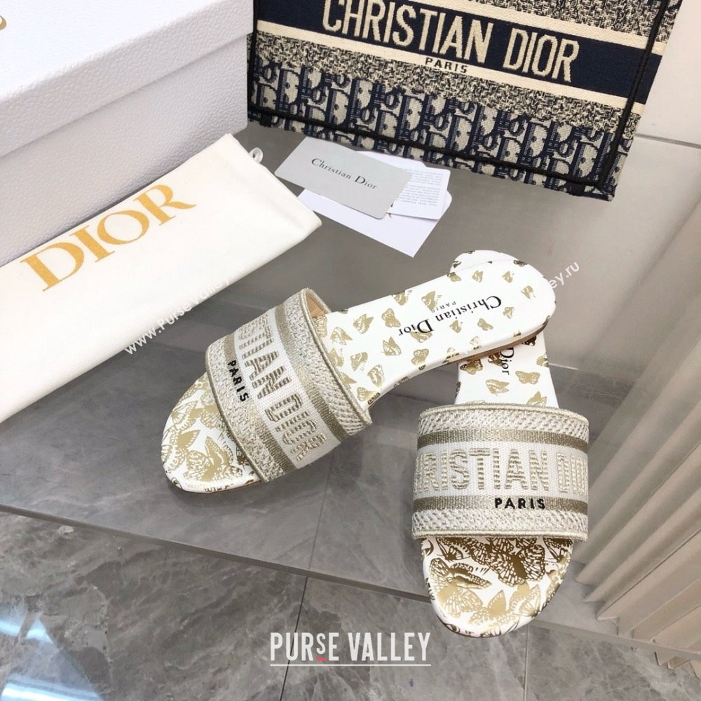 Dior White and Gold-Tone Gradient Butterflies Embroidered Cotton with Metallic Thread Dway Slide 2024 (MODENG-240424-16)