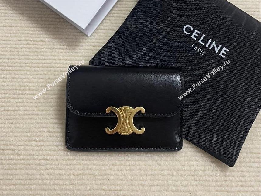 CELINE CARD HOLDER WITH FLAP TRIOMPHE in Shiny calfskin Black 10I583 2023 (baili-231222-06)