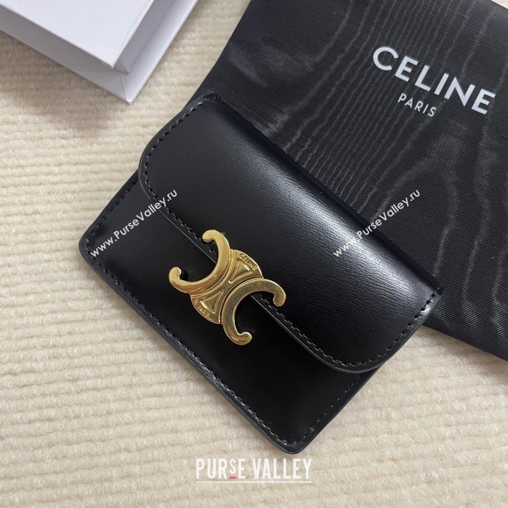 CELINE CARD HOLDER WITH FLAP TRIOMPHE in Shiny calfskin Black 10I583 2023 (baili-231222-06)