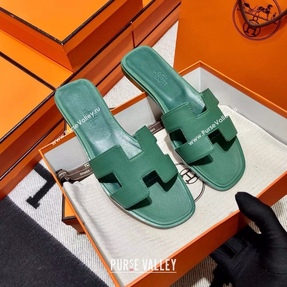 Hermes Oran Flat slippers in epsom leather vert lierre (mingdu-240424-01)