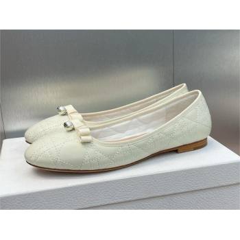 Dior Ballet Flats with Grosgrain bow and Pearl in WHITE Quilted Cannage Calfskin 2024 (MODENG-240424-19)