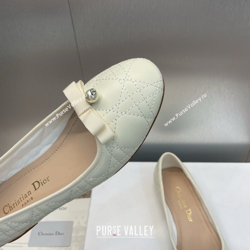 Dior Ballet Flats with Grosgrain bow and Pearl in WHITE Quilted Cannage Calfskin 2024 (MODENG-240424-19)