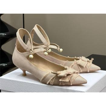 Dior Heel 4cm Adiorable Pumps in NUDE Fringed Grosgrain with Bow and Pearl 2024 (MODENG-240424-21)
