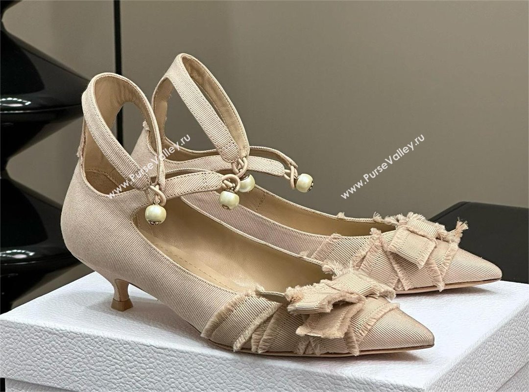 Dior Heel 4cm Adiorable Pumps in NUDE Fringed Grosgrain with Bow and Pearl 2024 (MODENG-240424-21)