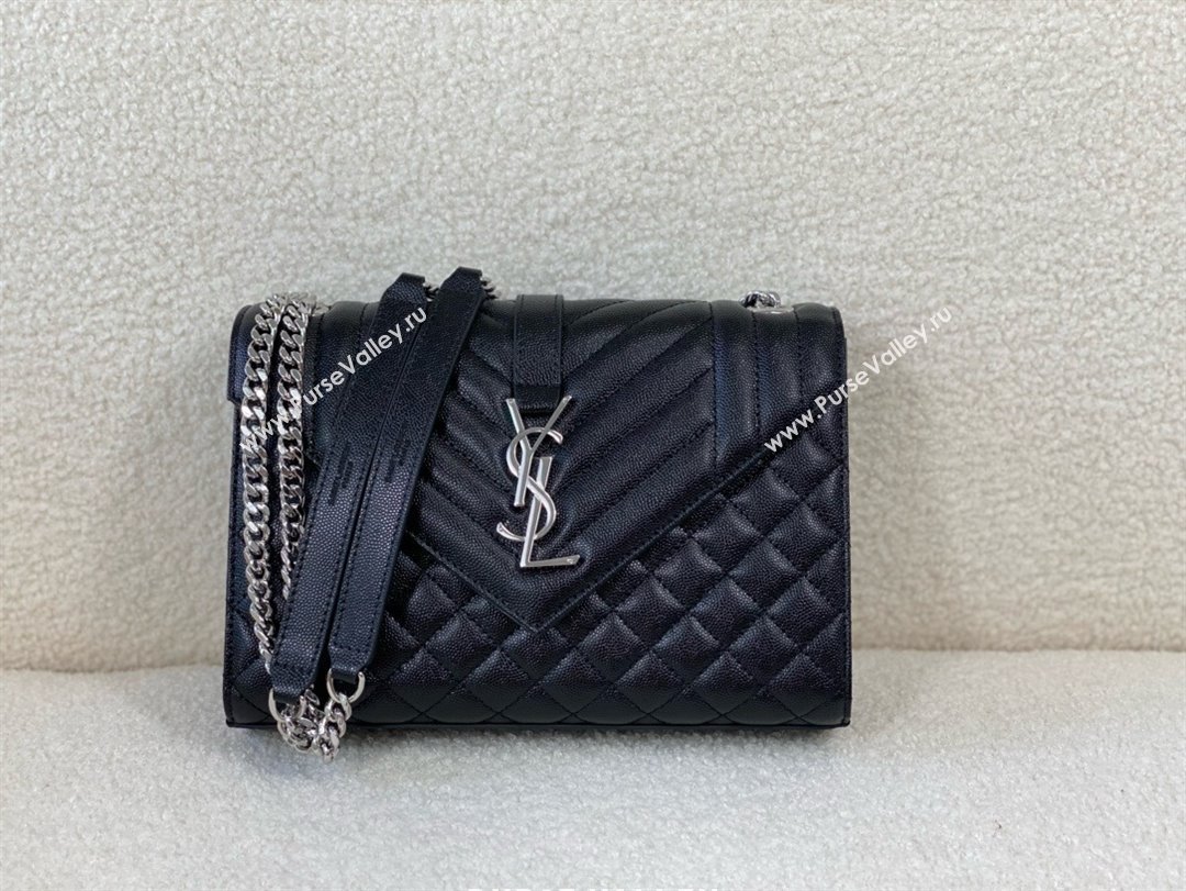 saint laurent envelope medium in quilted grain de poudre embossed leather BLACK/SILVER 2024(original quality) (bige-240426-23)