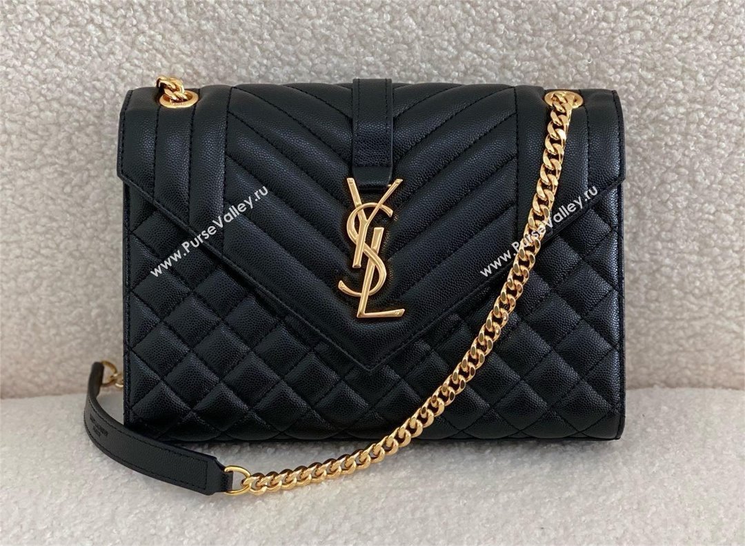 saint laurent envelope medium in quilted grain de poudre embossed leather BLACK/GOLD 2024(original quality) (bige-240426-24)