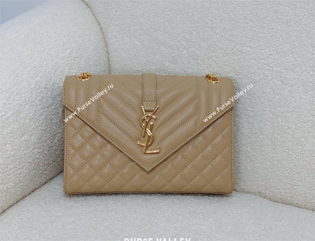 saint laurent envelope medium in quilted grain de poudre embossed leather BEIGE/GOLD 2024(original quality) (bige-240426-25)