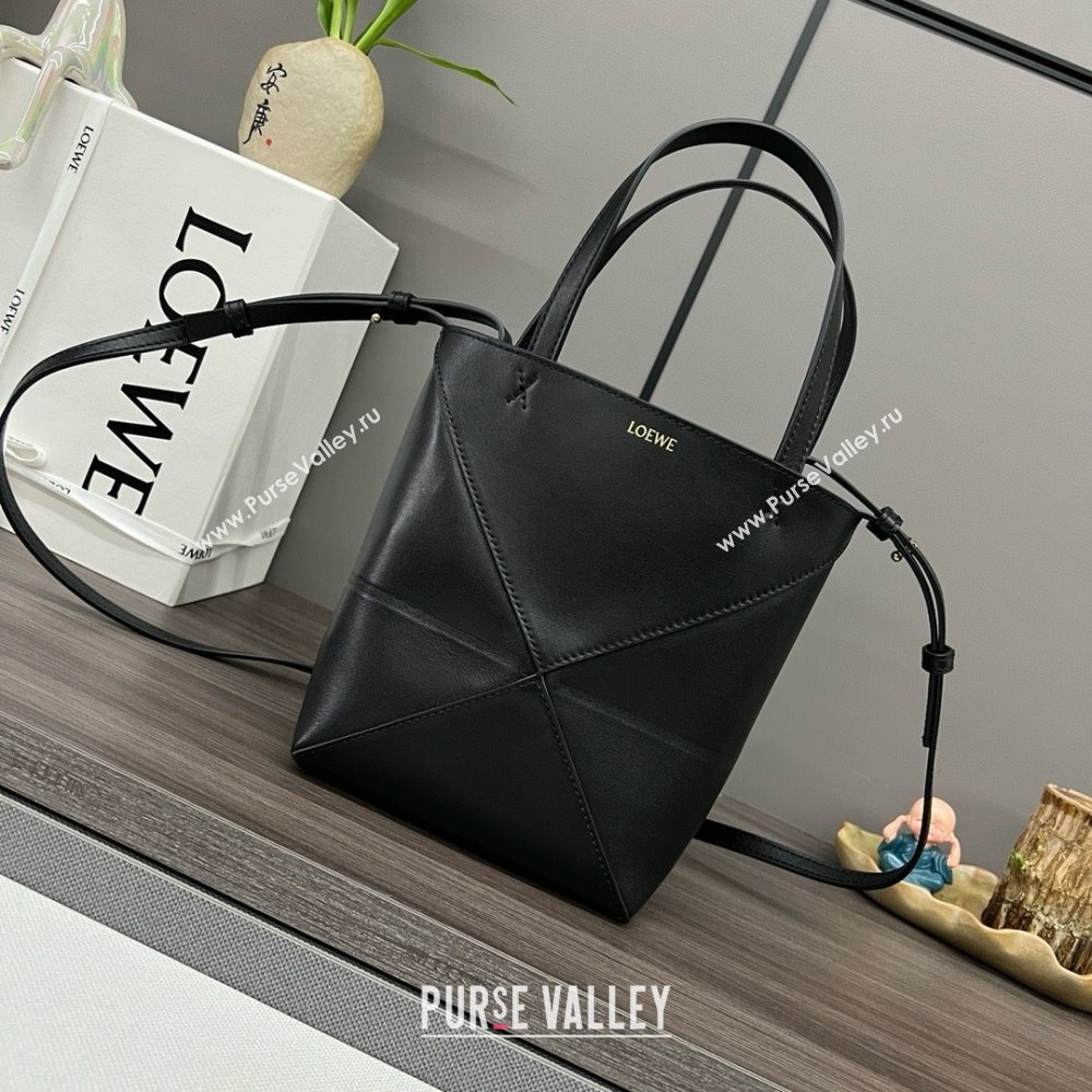 LOEWE Mini Puzzle Fold Tote in shiny calfskin 052322 black 2024 (yongsheng-240329-18)
