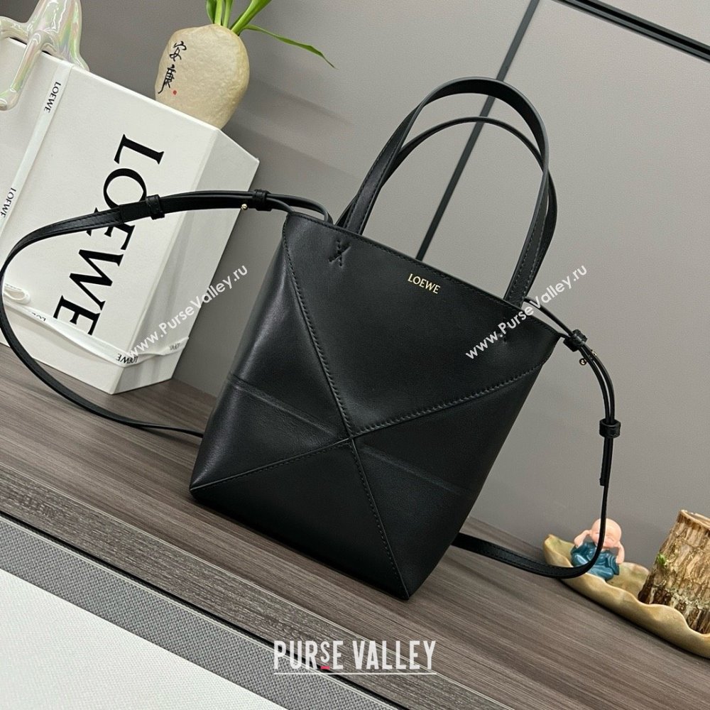 LOEWE Mini Puzzle Fold Tote in shiny calfskin 052322 black 2024 (yongsheng-240329-18)