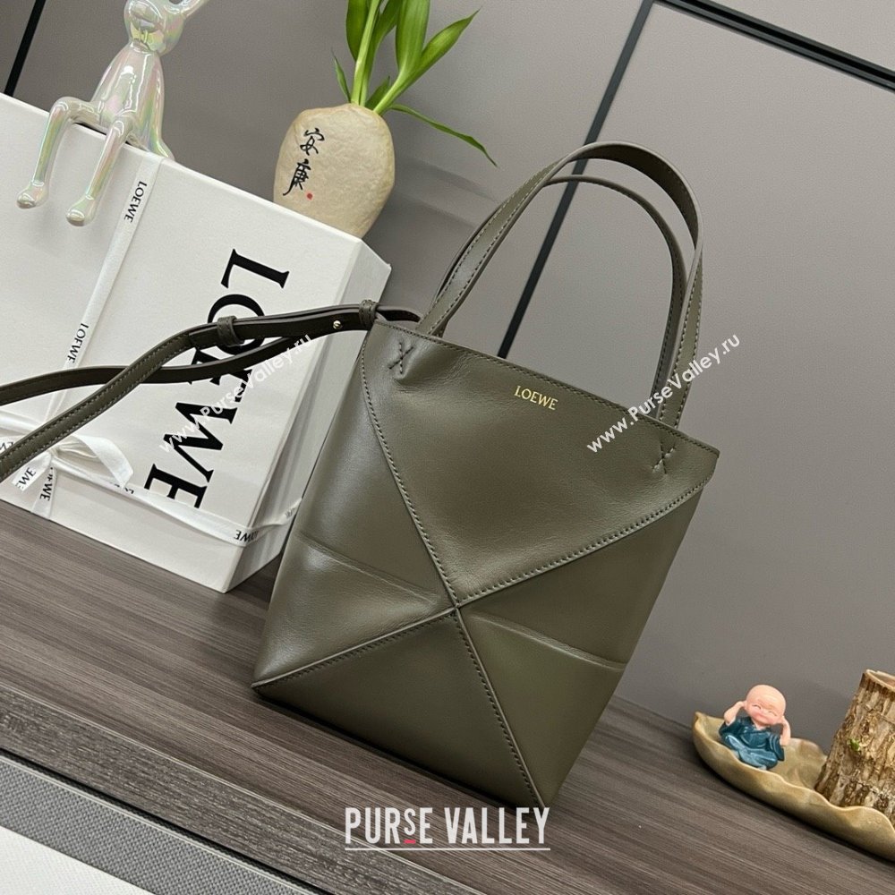 LOEWE Mini Puzzle Fold Tote in shiny calfskin 052322 dark khaki green 2024 (yongsheng-240329-17)