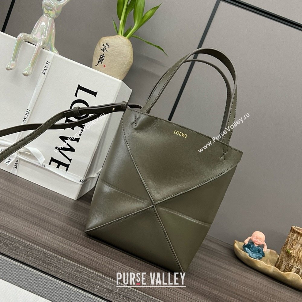 LOEWE Mini Puzzle Fold Tote in shiny calfskin 052322 dark khaki green 2024 (yongsheng-240329-17)