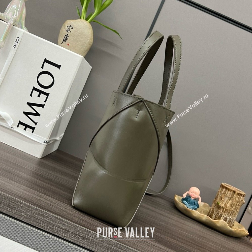 LOEWE Mini Puzzle Fold Tote in shiny calfskin 052322 dark khaki green 2024 (yongsheng-240329-17)