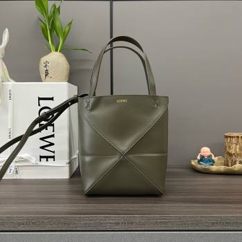 LOEWE Mini Puzzle Fold Tote in shiny calfskin 052322 dark khaki green 2024 (yongsheng-240329-17)