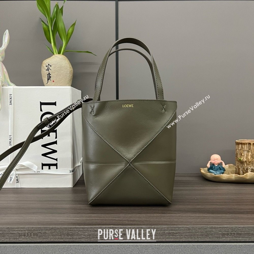 LOEWE Mini Puzzle Fold Tote in shiny calfskin 052322 dark khaki green 2024 (yongsheng-240329-17)