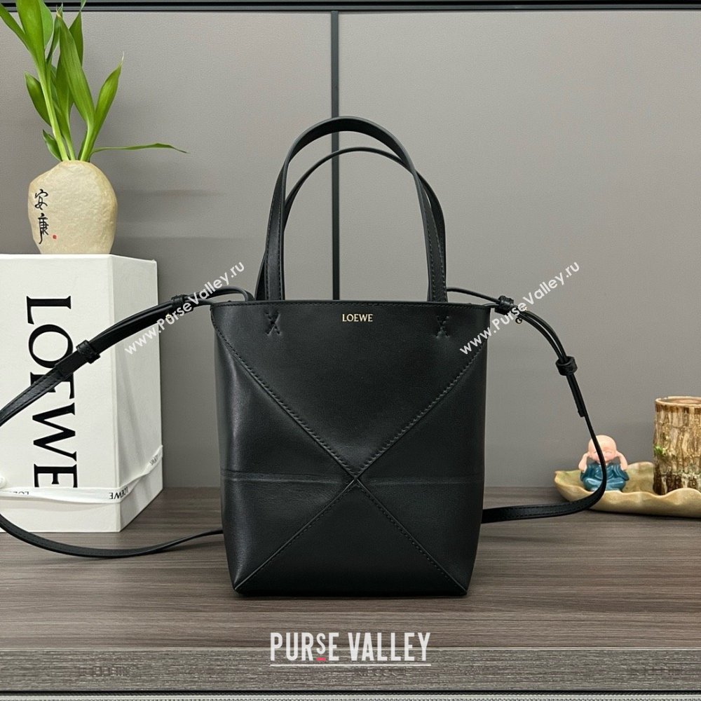 LOEWE Mini Puzzle Fold Tote in shiny calfskin 052322 black 2024 (yongsheng-240329-18)