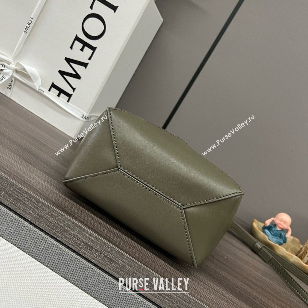 LOEWE Mini Puzzle Fold Tote in shiny calfskin 052322 dark khaki green 2024 (yongsheng-240329-17)