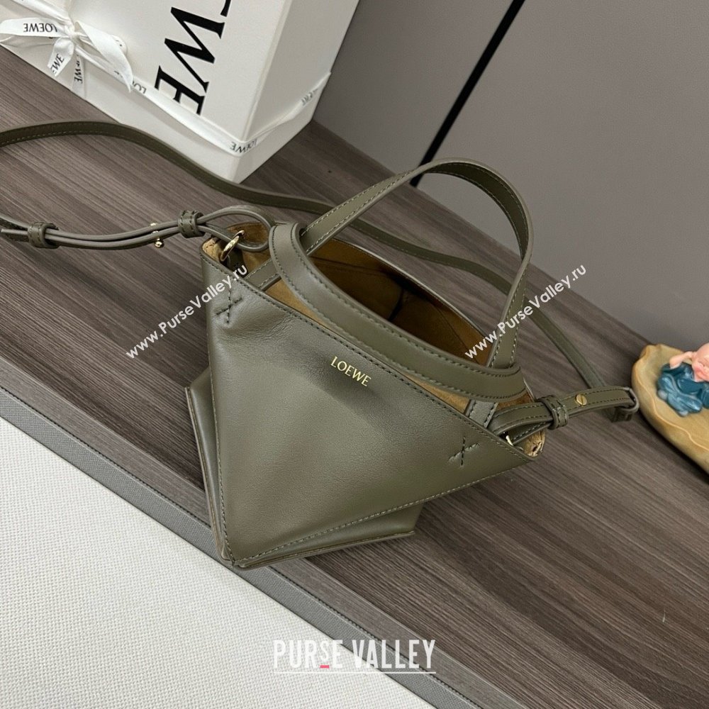 LOEWE Mini Puzzle Fold Tote in shiny calfskin 052322 dark khaki green 2024 (yongsheng-240329-17)