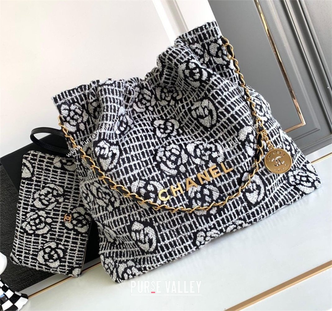 Chanel 22 Camellia Cashmere Jacquard Shopping Bag AS3261 Black/White 2023 (jiyuan-231114-01)