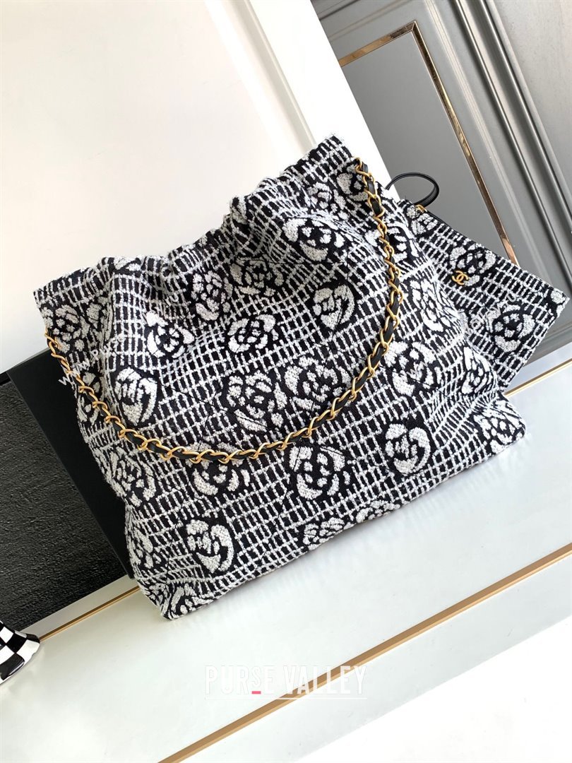 Chanel 22 Camellia Cashmere Jacquard Shopping Bag AS3261 Black/White 2023 (jiyuan-231114-01)