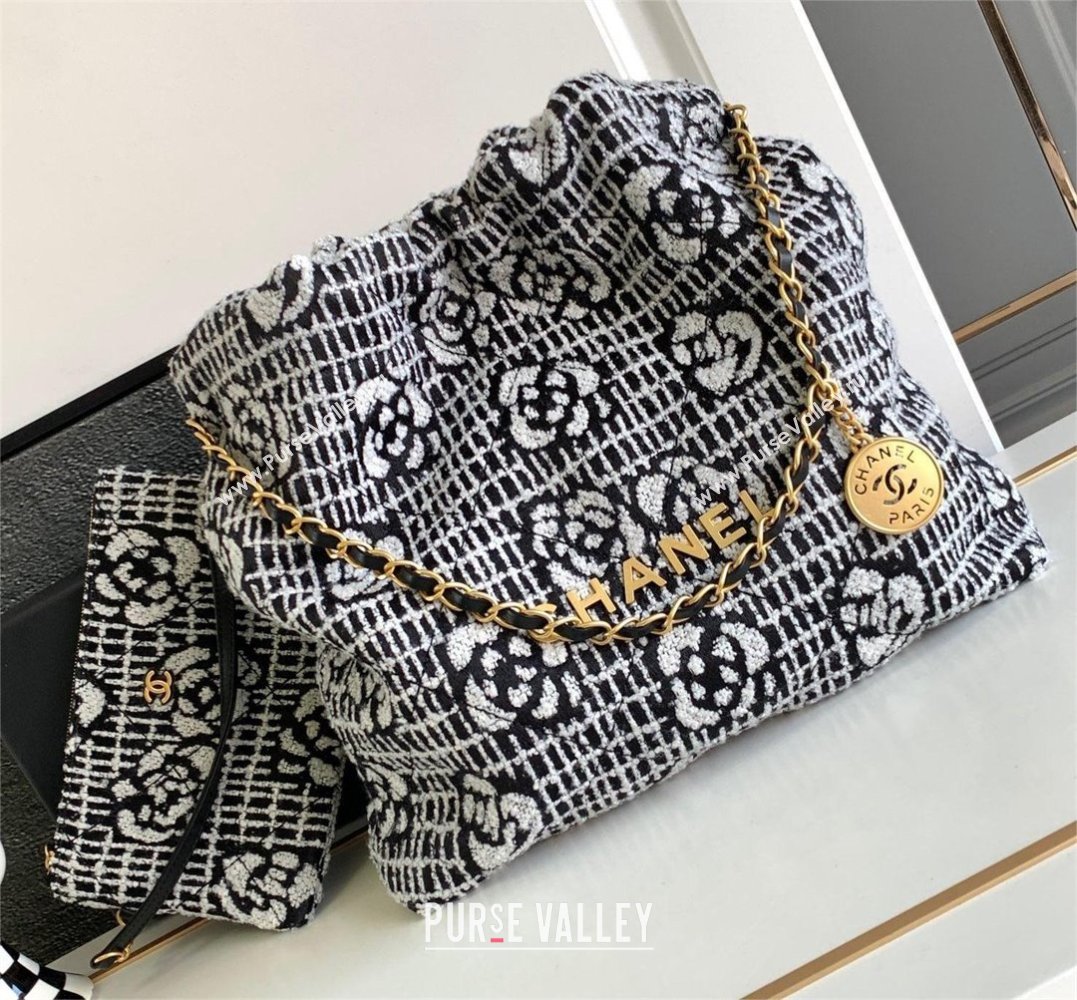 Chanel 22 Camellia Cashmere Jacquard Shopping Bag AS3260 Black/White 2023 (jiyuan-231114-02)