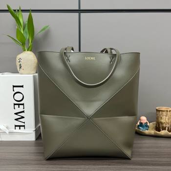 LOEWE Puzzle Fold Tote in shiny calfskin 052316 dark khaki green 2024 (yongsheng-240329-23)